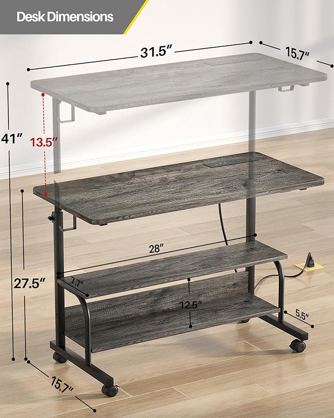 Height Adjustable Standing Desk with Power Outlets, 32" Manual Stand Up Desk with Storage Shelves Small Mobile Rolling Computer Desk Portable Laptop Table with Wheels for Home Office, Grey Oak