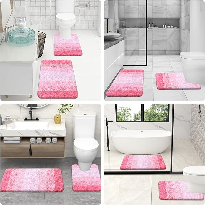 OLANLY Bathroom Rug Set 2 Piece, Soft Absorbent Microfiber Bath Mats and U-Shaped Contour Toilet Rug, Non-Slip, Machine Wash Dry, Plush Shaggy Bath Mats for Bathroom (24"x16"+24"x20", Pink)
