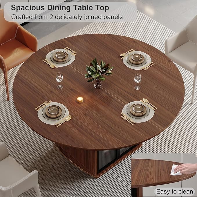 IBF 47" Round Dining Table with Fridge Storage Space, Circle Kitchen Table for 4 to 6 People, Dining Room Tables with Adjustable Shelf, Wood Dinner Tables for Home Kitchen, Walnut (Only Table)