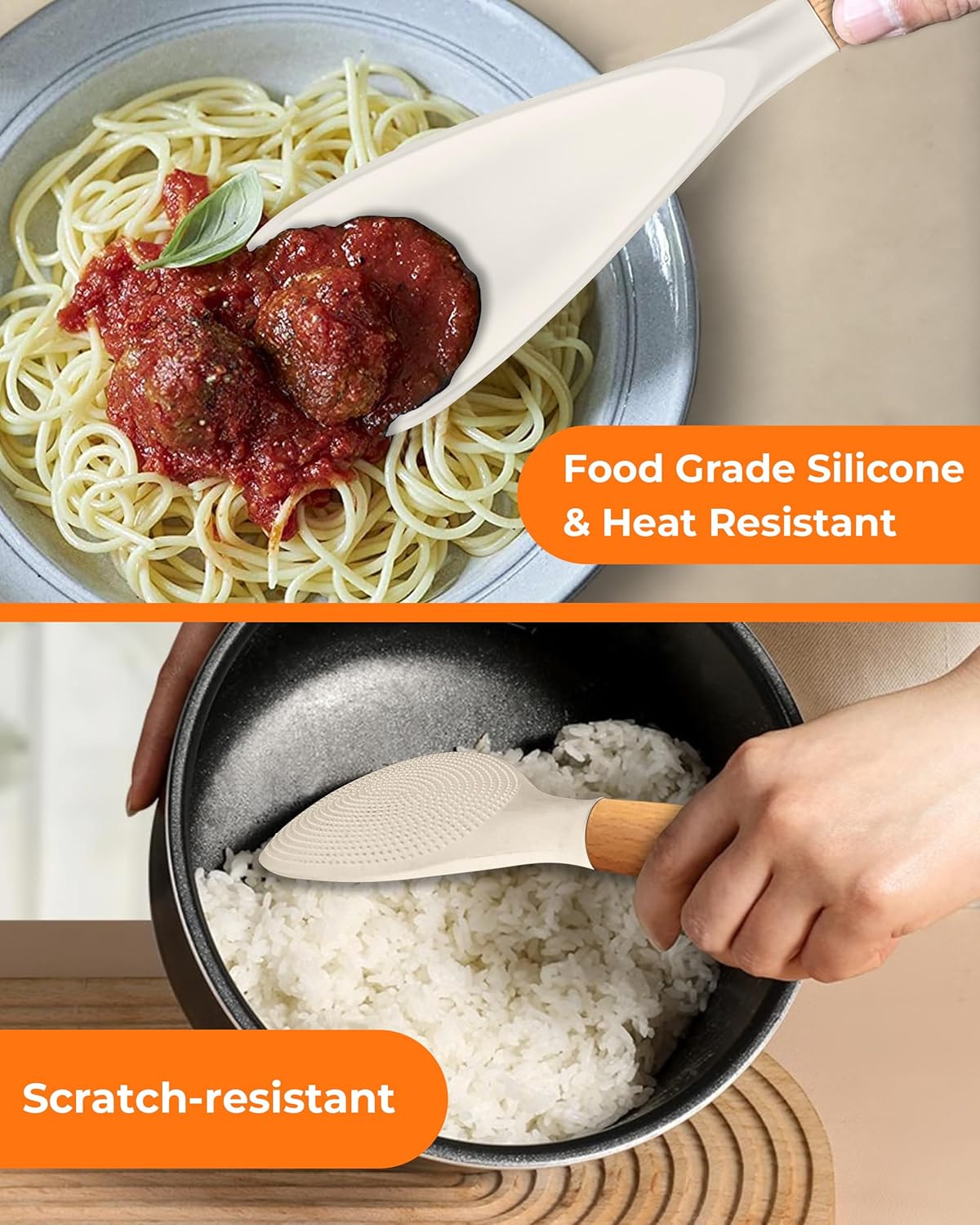 Multifunction Silicone Spatula Spoon 2-Pack Dual-Use-Heat-Resistant 446°F BPA-Free Non-Toxic Cooking for Non-Stick Cookware,Rice Cookers,Wooden Handle Scoop/Serve Meal/Rice Spoon Set (Khaki)
