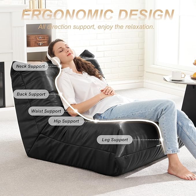 Hobestluk Giant Bean Bag Chair Lazy Floor Sofa, Memory Foam Fireside Sofa for Adults, Big Beanbag Faux Leather Armless Chair for Living Room Bedroom Dorm Office (Black, Single)