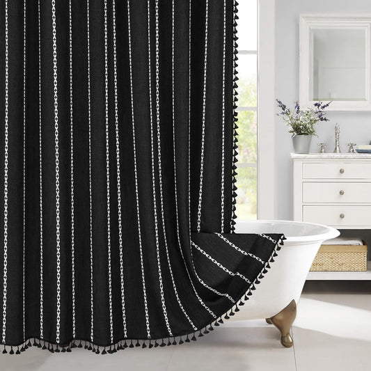 MitoVilla Black Boho Fabric Shower Curtain, Modern Farmhouse Polyester Linen Shower Curtains for Vintage Rustic Bathroom Decor, Country Tassel Thick Cloth Shower Curtain, 72 x 72