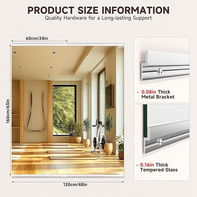 Home Gym Mirror, 63'' x 24'' x 2PCS, Large Full Body Mirror for Yoga, Frameless Tempered Glass, Wall Mounted for Home Gym, Garage, Bedroom, Bathroom