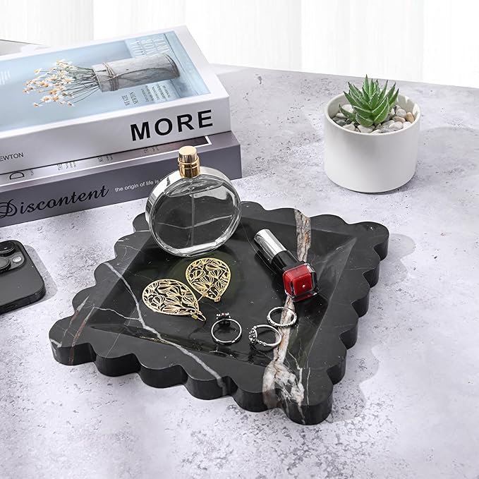 Marble Home Accessory Tray, Elegantly Designed Multi-Purpose Tray, Decorative and Versatile for Living Room, Bathroom, Office, Kitchen (Black Marquina)