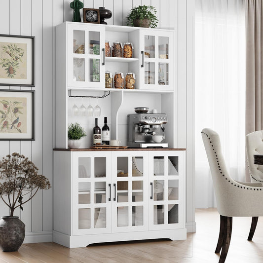 Keyluv Kitchen Pantry Storage Cabinet 71" Tall Freestanding Pantry Cabinet, Farmhouse Glass Door Buffet with Oven Countertop, Large Wood Hutch for Kitchen, Living Room and Dining Room, White