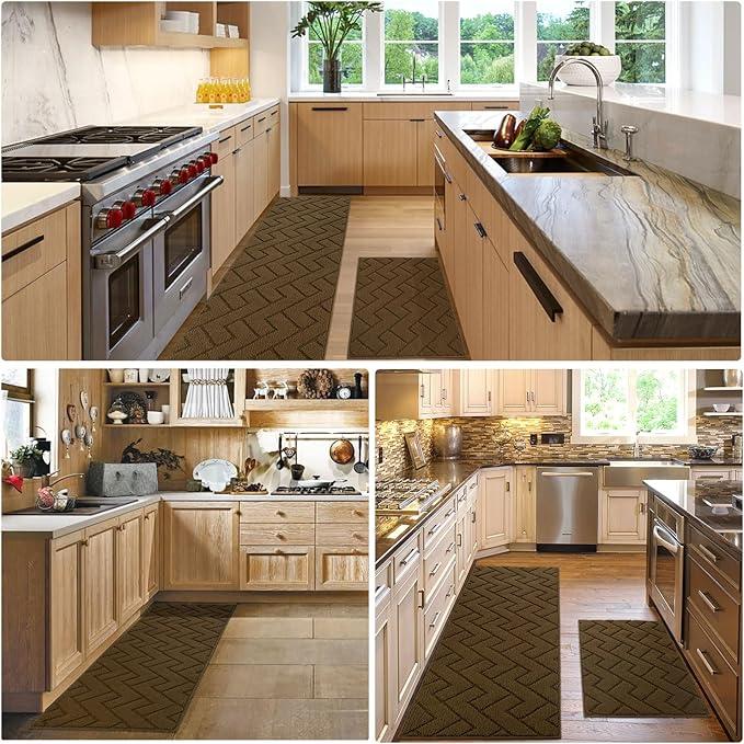 hicorfe Kitchen Rugs and Mats Sets,2 Pieces Super Absorbent Polypropylene Non-Slip Rug,Soft Comfort Floor Mat,Washable for Kitchen,Hallway,Office,Sink,Laundry(20" x 31.5" Plus 20" x 48",Dark Brown)