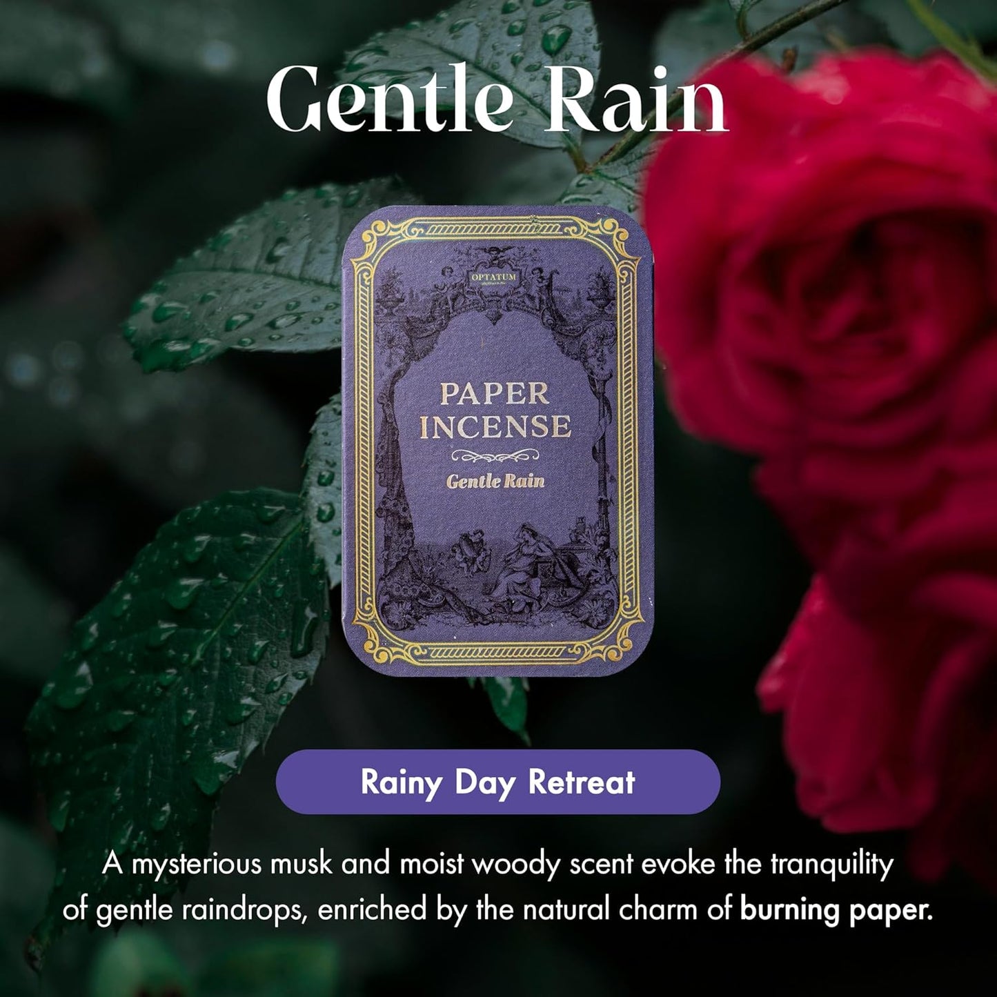 Paper Incense - 48pcs with Vintage Tin Case, Burning Papers Infused with Natural Essential Oils, Quick Usage & Long-Lasting Fragrance, Eliminating Bathroom, Kitchen, Pet Odors - Gentle Rain