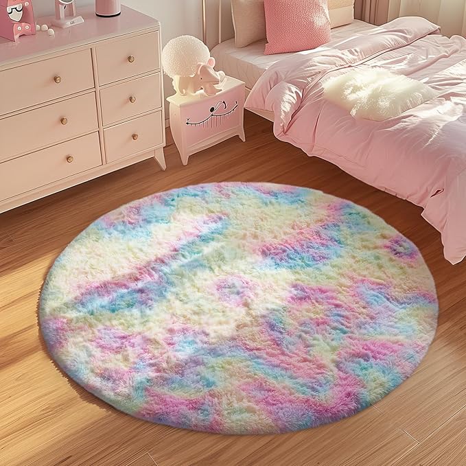 Ophanie Rainbow Rug for Bedroom Girls, Unicorn Colorful Fluffy Soft Cute Fuzzy Area Rugs, Shag Plush Shaggy Bedside Floor 4x4 Round Furry Carpet for Kids Baby Teen Dorm Nursery Home Decor Aesthetic