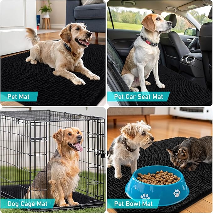 OLANLY Dog Door Mat for Muddy Paws 40x24, Absorbs Moisture and Dirt, Absorbent Non-Slip Washable Doormat, Quick Dry Chenille Mud Mat for Dogs, Entry Indoor Entryway Carpet for Inside Floor, Black
