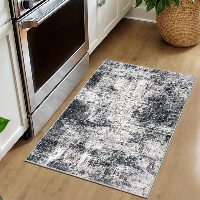 IOHOUZE Small Abstract Area Rug 2x3 Ft Entryway Rugs Washable Door Mat Indoor Entrance, Rubber Backed Throw Rugs, Printed Faux Wool Non Slip Floor Carpet for Foyer Front Door Sink, Black Grey