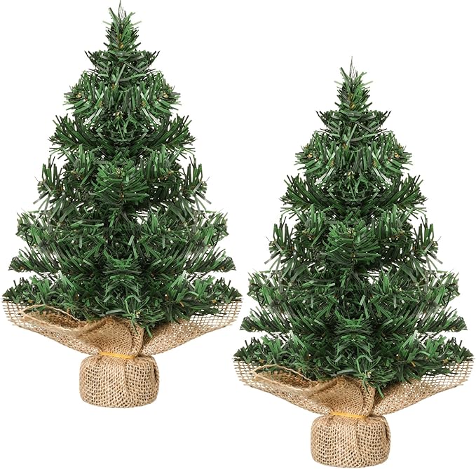 Yinder Tabletop 2 Pcs Mini Christmas Tree 7.87 Inch Artificial Mini Xmas Miniature Pine Christmas Tree with Linen Base for Xmas Holiday Decorations Indoor Home Kitchen Dining Table