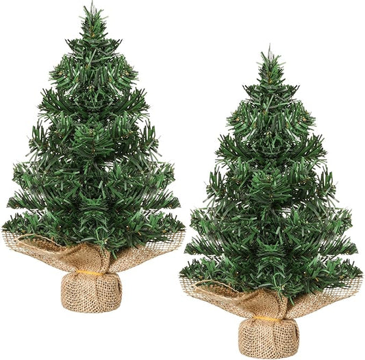 Yinder Tabletop 2 Pcs Mini Christmas Tree 7.87 Inch Artificial Mini Xmas Miniature Pine Christmas Tree with Linen Base for Xmas Holiday Decorations Indoor Home Kitchen Dining Table