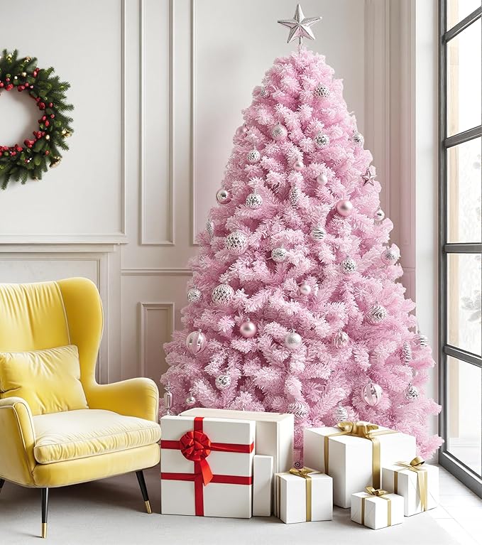 DWVO 4.5ft Pre-lit Pink Christmas Tree with Lights, Prelit Atificial Trees with 400 Tips & 200 UL Listed Lights, Automatic Branches & Easy Assembly for Home Party