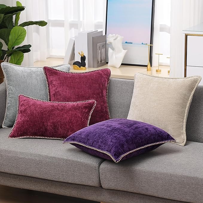 decorUhome Chenille Soft Throw Pillow Covers 18x18 Set of 2, Farmhouse Velvet Neutral Decorative Euro Pillow Covers with Stitched Edge for Couch Sofa Bed Home Decor, Rhododendron