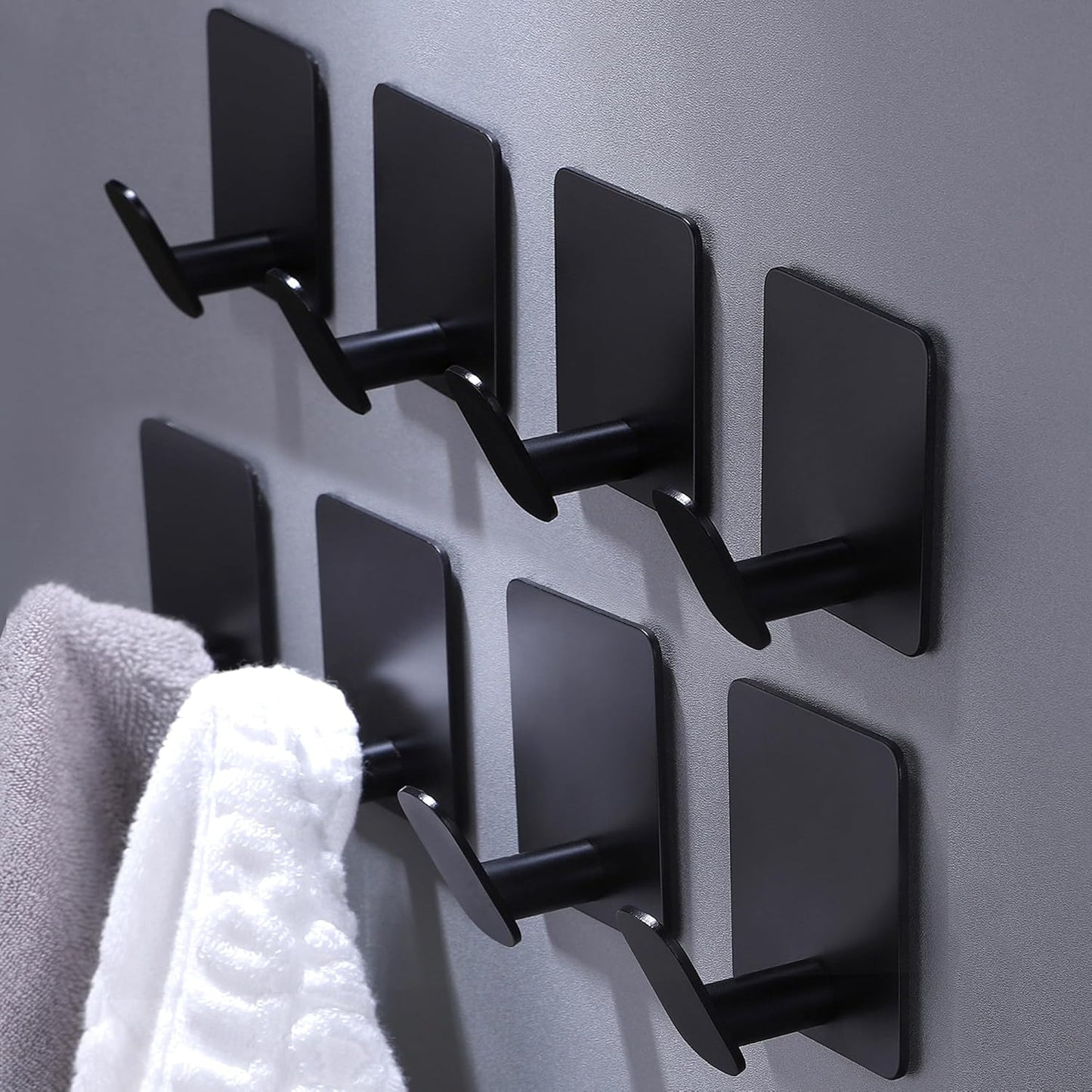 DELITON 8 Pack Adhesive Towel Hooks - Bathroom Towel Hooks/Wall Hooks for Hanging Coat Robe Stick on Bathroom or Kitchen Matte Black Stainless Steel