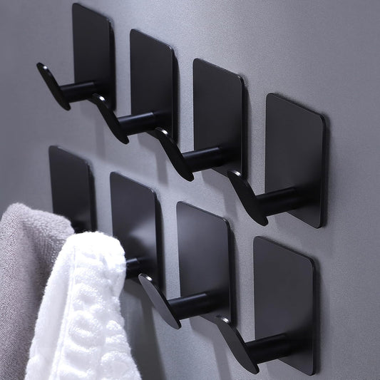 DELITON 8 Pack Adhesive Towel Hooks - Bathroom Towel Hooks/Wall Hooks for Hanging Coat Robe Stick on Bathroom or Kitchen Matte Black Stainless Steel
