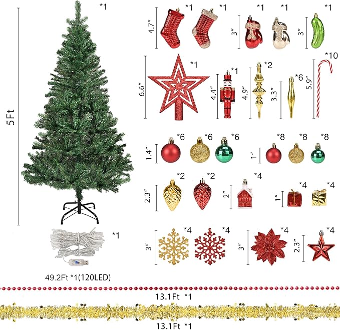 5ft Artificial Christmas Tree with Lights and Ornaments, Prelit Xmas Tree with Hanging Balls (8 Modes) for Home Holiday Decoration, Gold+Red+Green