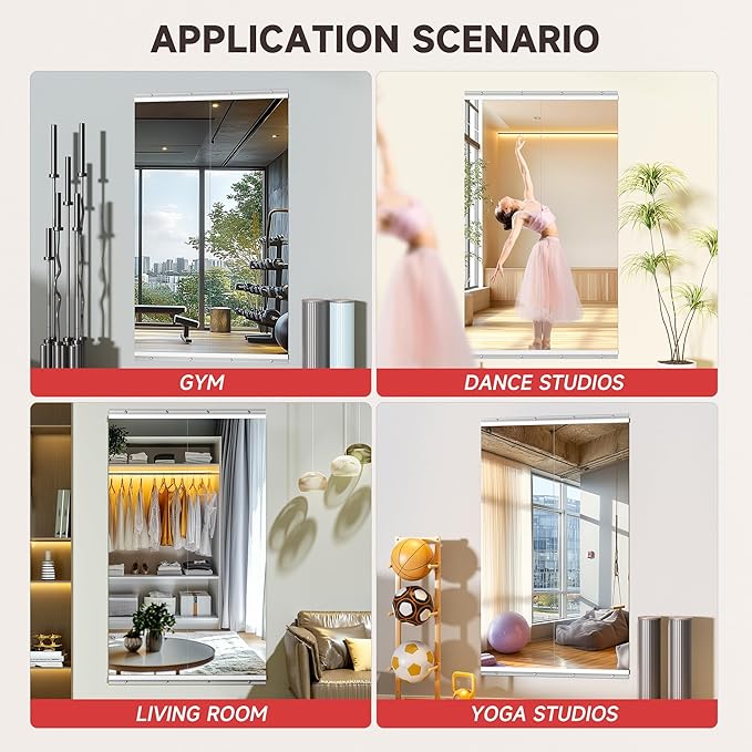 Home Gym Mirror, 55'' x 17'' x 2PCS, Large Full Body Mirror for Yoga, Frameless Tempered Glass, Wall Mounted for Home Gym, Garage, Bedroom, Bathroom