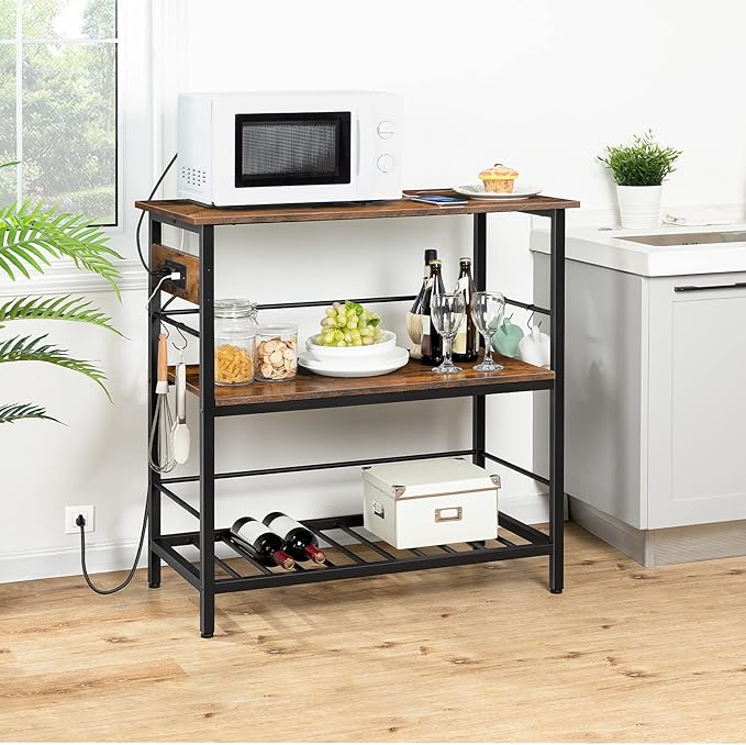 HOOBRO Kitchen Island with Storage, Kitchen Island Table with Power Outlet, 35.4" L 3 Tier Coffee Station and Microwave Stand, for Home, Dining Room, Rustic Brown and Black BF021ZD01