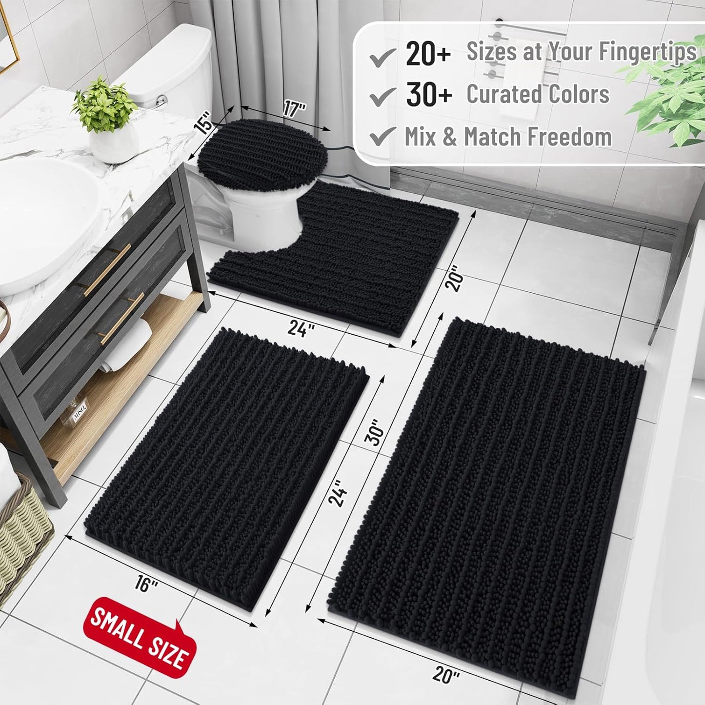 Arotive Luxury Chenille Bathroom Rug Mat, Extra Soft Thick Absorbent Shaggy Bath Rugs, Non-Slip Machine Wash Dry, Plush Bath Mats for Bathroom, Shower and Tub, 44x24, Black