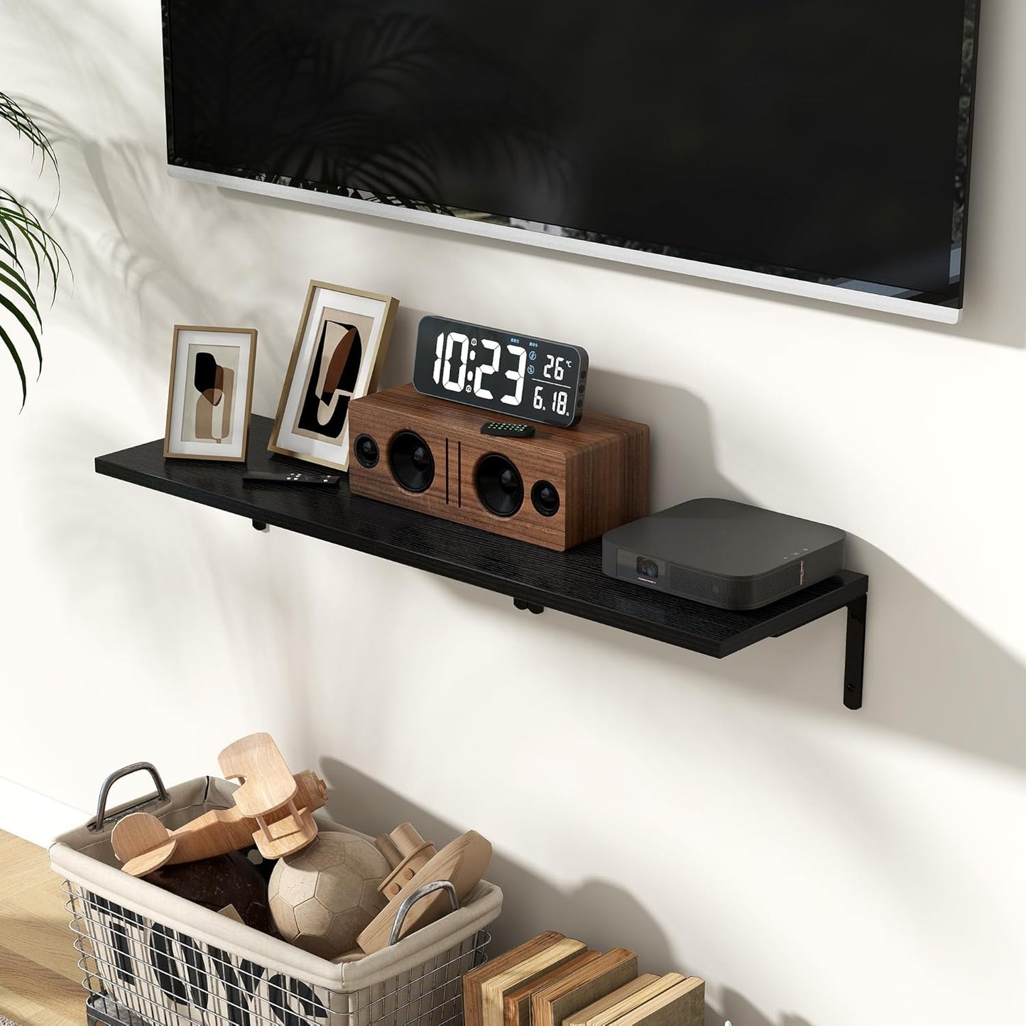 Fun Memories Deep Floating Shelves, 16W x 8D Floating Shelves Set of 2, Wall Mounted Shelf with Metal Brackets, Rustic Wood Wall Shelf for Bathroom, Kitchen and Living Room, Black