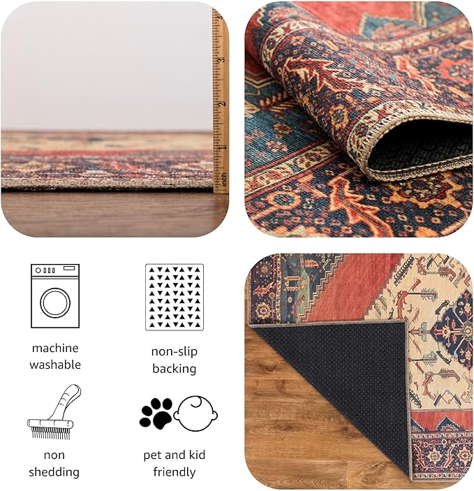 Keen Home Design 8x10 Rug - Machine Washable Area Rug with Non-Slip Backing, Ideal for Living Room, Dining Room, Bedroom - Vintage, Easy Clean, Durable, Low Pile Rug - (8' x 10')