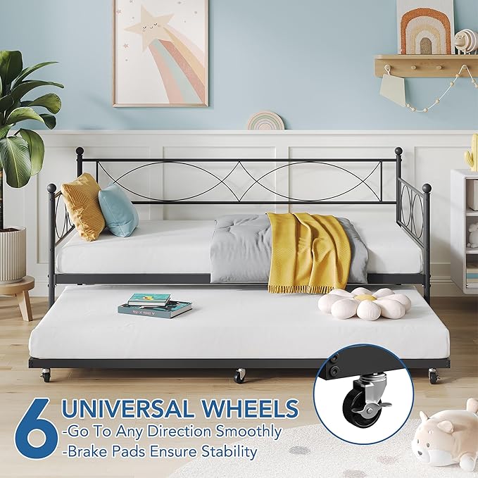 IDEALHOUSE Twin daybed with Trundle, Metal Twin Daybed and Trundle Set, Day Bed Sofa Bed Frame with Steel Slat Support, Multifunctional Daybed Frame for Bedroom (Modern - Black)