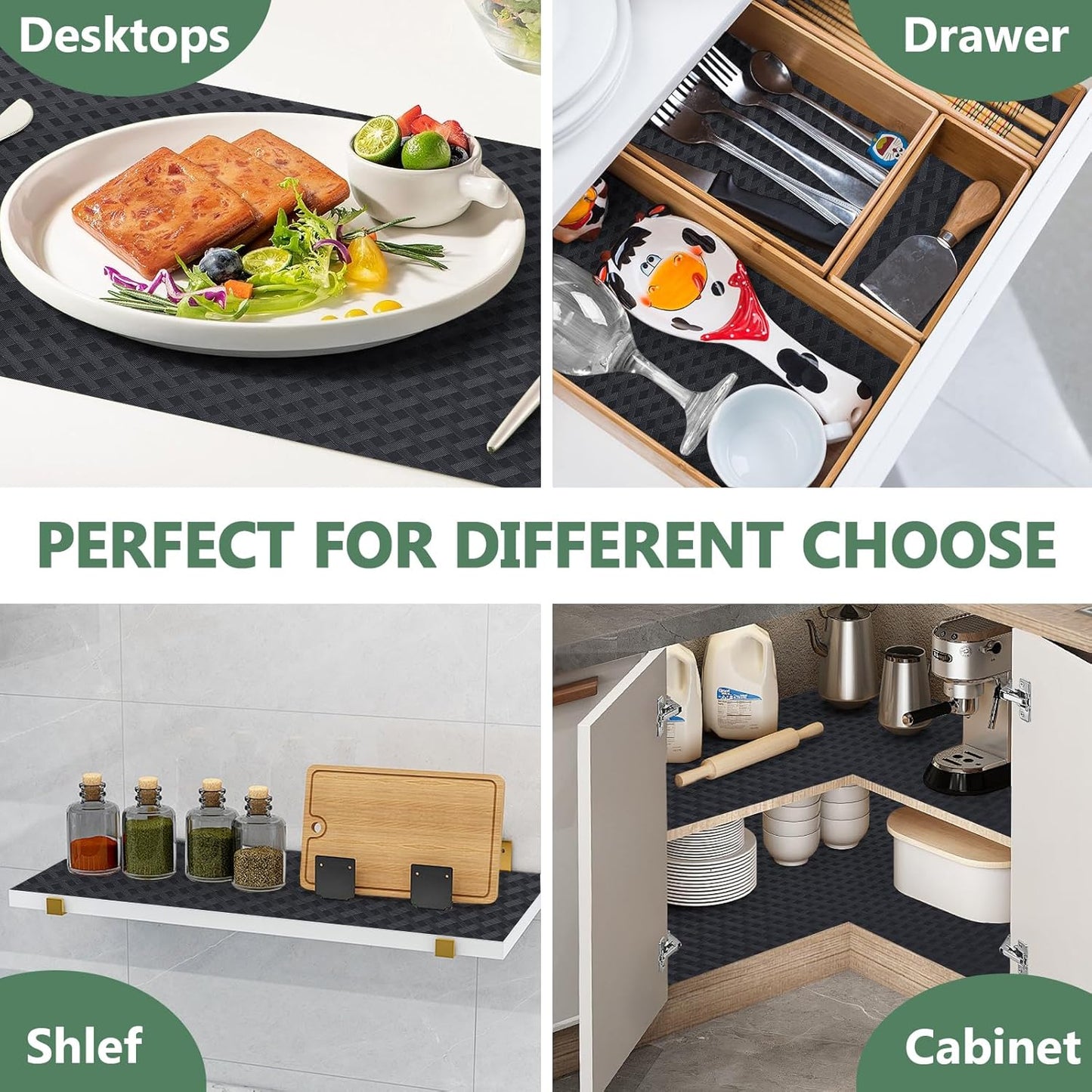 Shelf Liners, Non-Adhesive Drawer Liner, Waterproof & Oil-Proof Kitchen Cabinet Cupboard Liner Plastic EVA Material BPA Free Fridge Liner Mats Paper Protector for Shelves (Black/16in x 240in)