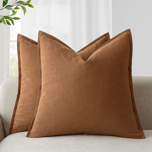 Foindtower Pack of 2, Decorative Linen Soild Throw Pillow Covers Soft Accent Cushion Case Boho Farmhouse Pillowcase for Chair Couch Sofa Bedroom Living Room Home Decor 20 x 20 Inch Orange Brown