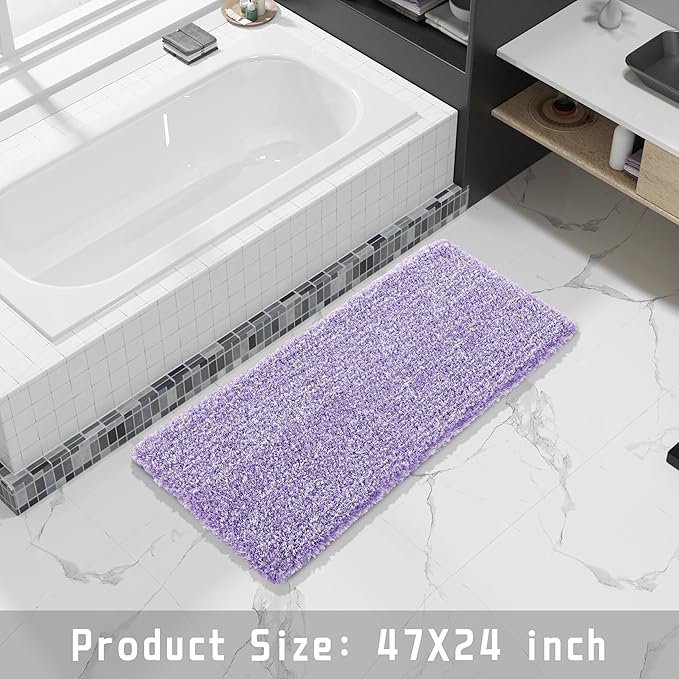 Yimobra Luxury Bathroom Rugs, Fluffy Bath Mats, Non Slip, Water Absorbent Microfiber, Machine Washable, Plush Soft Runner Shower Rugs, Thick Matts for Bathroom Floor&Tub, 47"x 24", Purple and White