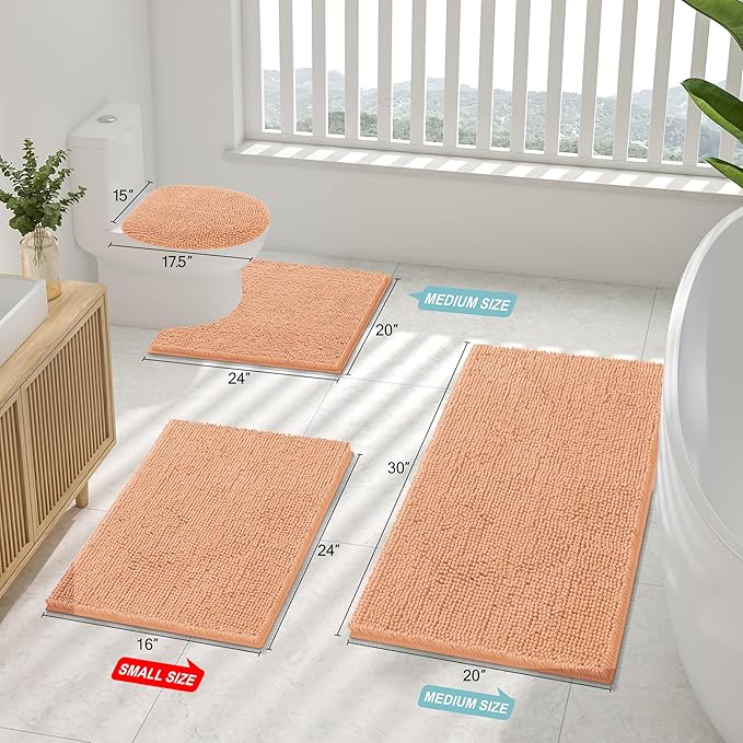 Smiry Luxury Chenille Bathroom Rugs 30x20, Extra Soft and Absorbent Shaggy Bath Mat, Machine Washable, Non-Slip Plush Carpet Runner for Tub, Shower, and Floor, Home Decor Accessories, Peach