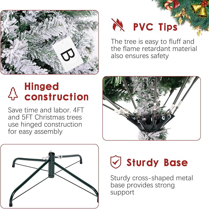 4FT Snow Flocked Christmas Tree, Small Artificial Holiday Xmas Tree with 450 Branch Tips, Foldable Stand for Holiday Party Decoration