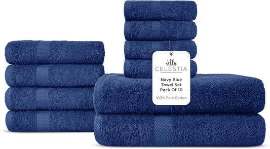 100% Combed Cotton Bathroom Towel Set of 10- 2 Bath Towels, 4 Hand Towels, 4 Wash Cloths, Sustainable, Soft, Highly Absorbent 10 Piece Cotton Bath Towel Set for Hotels, Spa, Bathroom, Dorm, Navy Blue