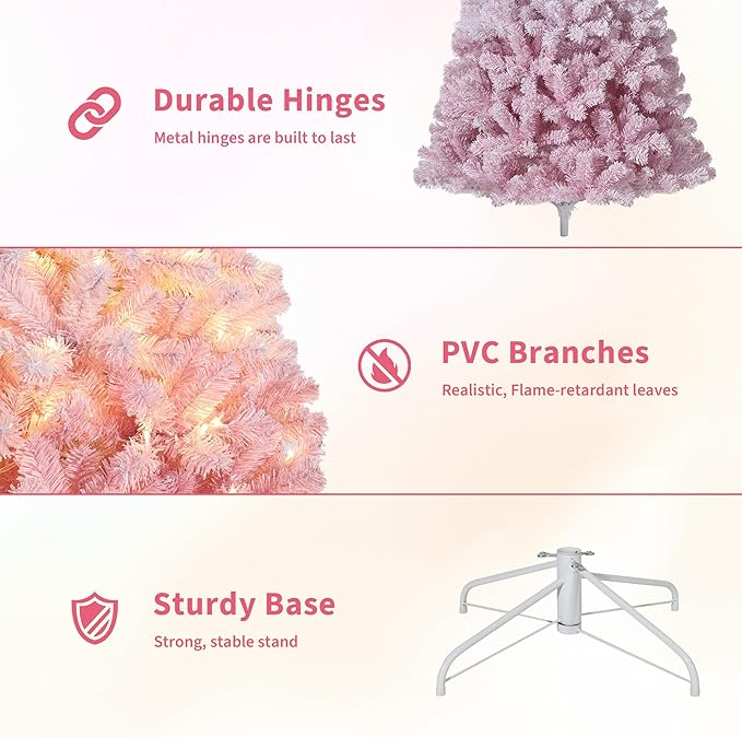 GarveeHome Pink Christmas Tree, 4.5ft Snow Flocked Artificial Christmas Tree with LED Warm White Lights & Metal Stand, Prelit Xmas Holiday Decoration for Home, Office, Party