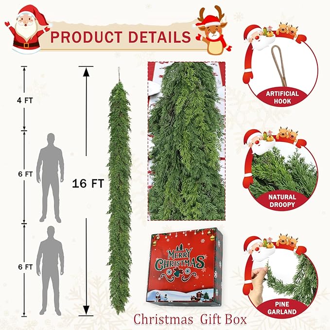 16FT Real Touch Christmas Garland Indoor with Pine Cone Thick and Lush Soft Bendable Mantle Garland Christmas Lifelike Cedar Garland Christmas Garland for Mantle Indoor Christmas Decorations