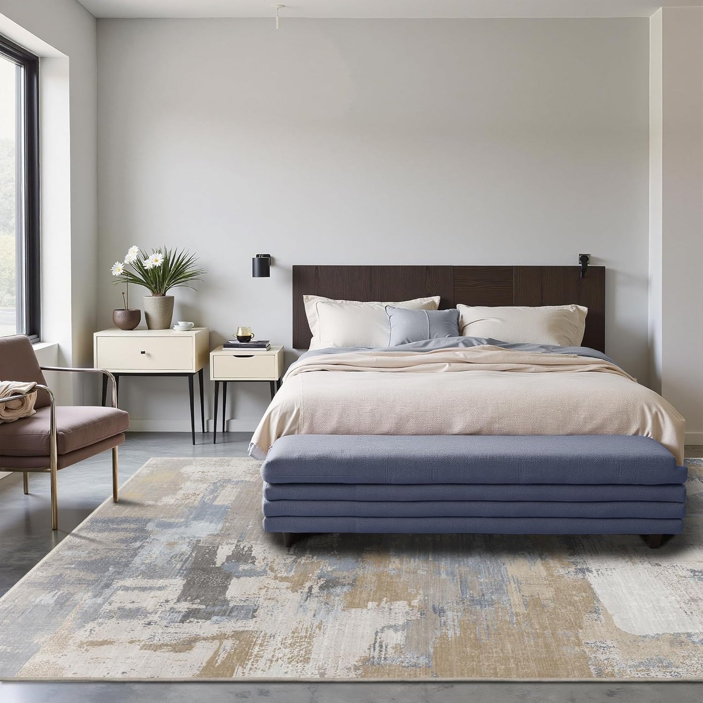 Area Rugs 8x10 for Living Room Bedroom, Modern Abstract Machine Washable Large Soft Greyish Blue Rug, Low Pile Floor Carpet with Non Slip Backing for Dining Room, Coastal Dusk