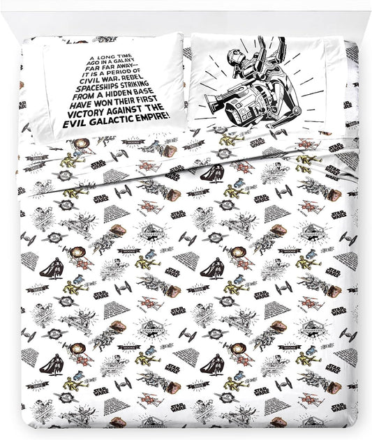 Jay Franco Kids Sheet Set with Fitted, Flat Sheets & Pillow Cover - Ultra-Soft Bedding with Pillowcase for Room Decor, White - Star Wars, 4 Piece Full