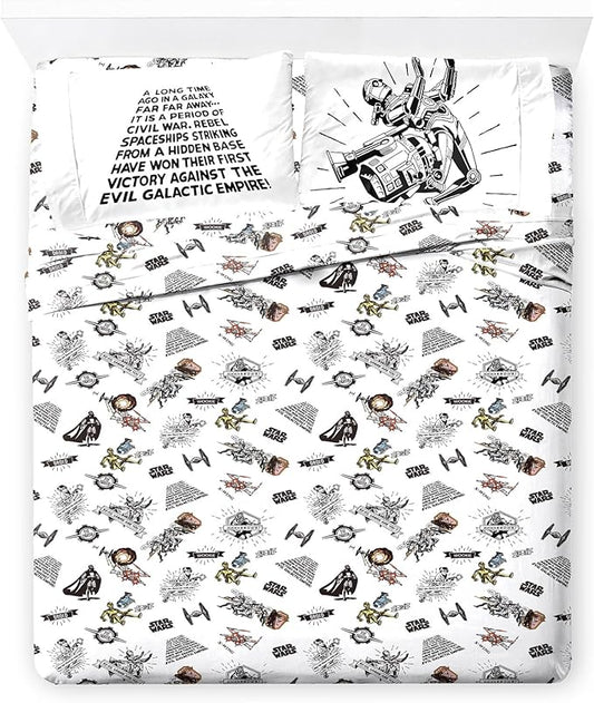 Jay Franco Kids Sheet Set with Fitted, Flat Sheets & Pillow Cover - Ultra-Soft Bedding with Pillowcase for Room Decor, White - Star Wars, 4 Piece Full