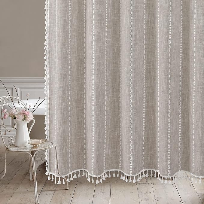 MitoVilla Boho Long Shower Curtain 72 x 78, Farmhouse 78 inch Long Polyester Linen Fabric Shower Curtains with Tassel for Chic Cottagecore French Rustic Bathroom Decor, Tan Brown