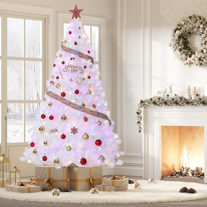 GarveeHome White Christmas Tree, 6ft Prelit Artificial Christmas Tree with LED Warm White Lights & Metal Stand, Fake Xmas Pine Holiday Decoration for Home, Office, Party