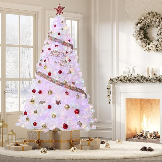 GarveeHome White Christmas Tree, 6ft Prelit Artificial Christmas Tree with LED Warm White Lights & Metal Stand, Fake Xmas Pine Holiday Decoration for Home, Office, Party