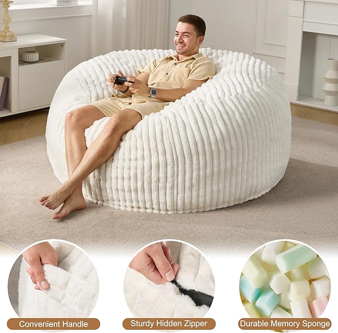 Hobestluk 5ft Bean Bag Chairs for Adults Large Beanbag Chair with Dutch Corded Plush Cover Big Bean Bag Chair for Living Room Bedroom Dorm Office - White (50” x 50” x 24”)