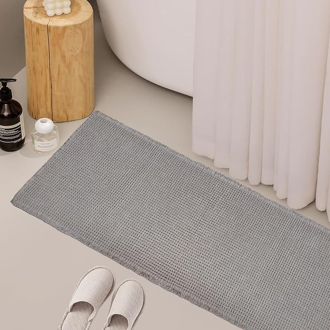 ZALL Grey Waffle Bath Mat,Super Absorbent Non Slip Long Bathroom Runner Rug,Gray 24X72inch,Machine Washable Ultra Soft Floor Mats