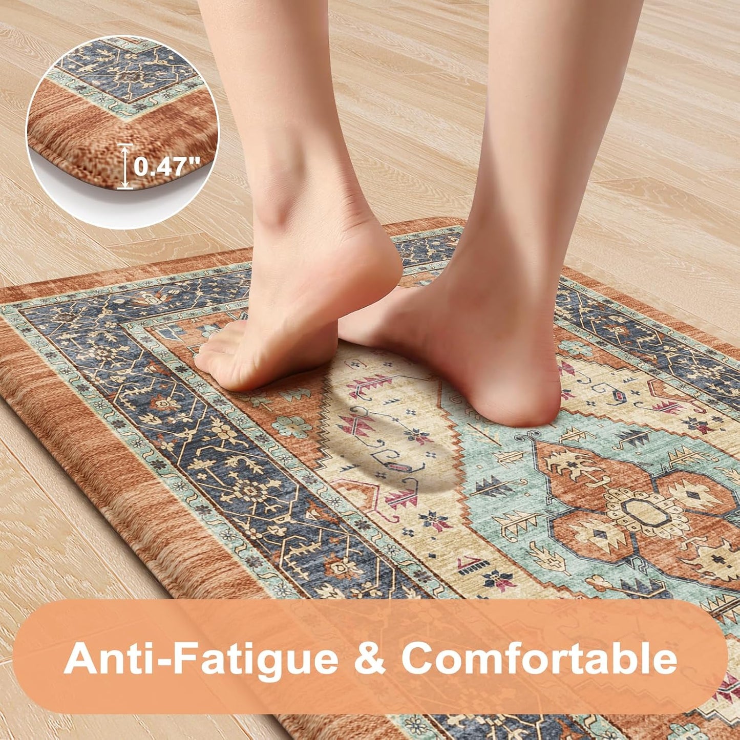 KIMODE Anti Fatigue Kitchen Mat 20"x47"+20"x32", Boho Distressed Kitchen Rugs Sets of 2, Kitchen Mats for Floor Cushioned Non Slip, Comfort Kitchen Floor Mats for Sink, Laundry, Desk Orange