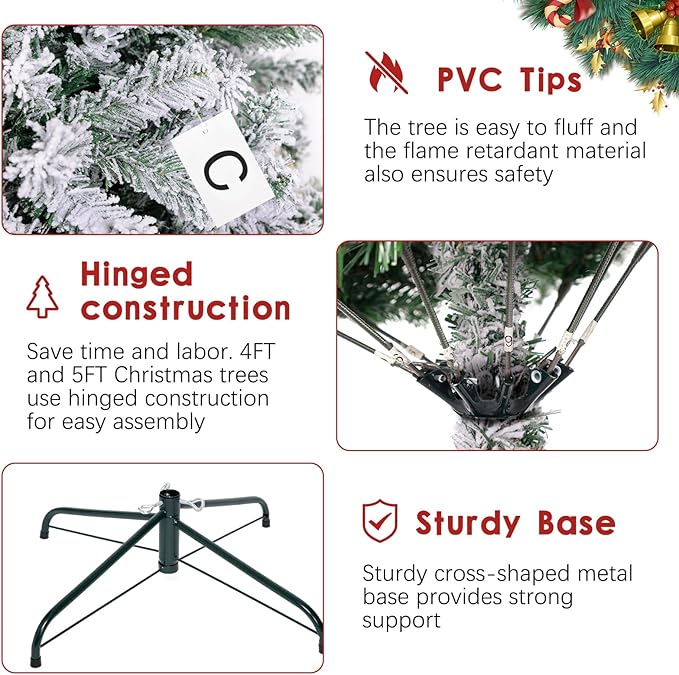 4FT Pre-Lit Snow Flocked Christmas Tree, Small Holiday Xmas Tree with 450 Branch Tips, 150 Warm Lights, Foldable Stand for Party Decoration