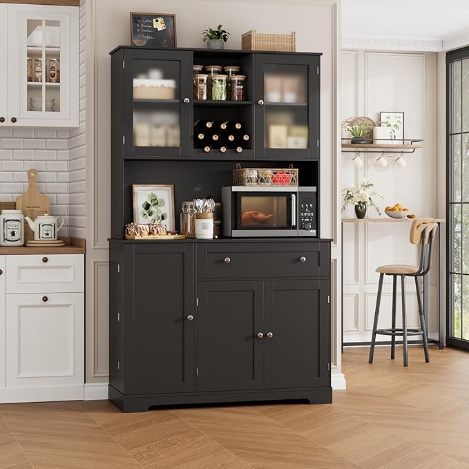 HOSTACK Kitchen Pantry Storage Cabinet with Hutch, Tall Kitchen Hutch with Microwave Stand, Food Pantry Cabinet with Doors and Shelves | Wine Rack for Dining Room, Black