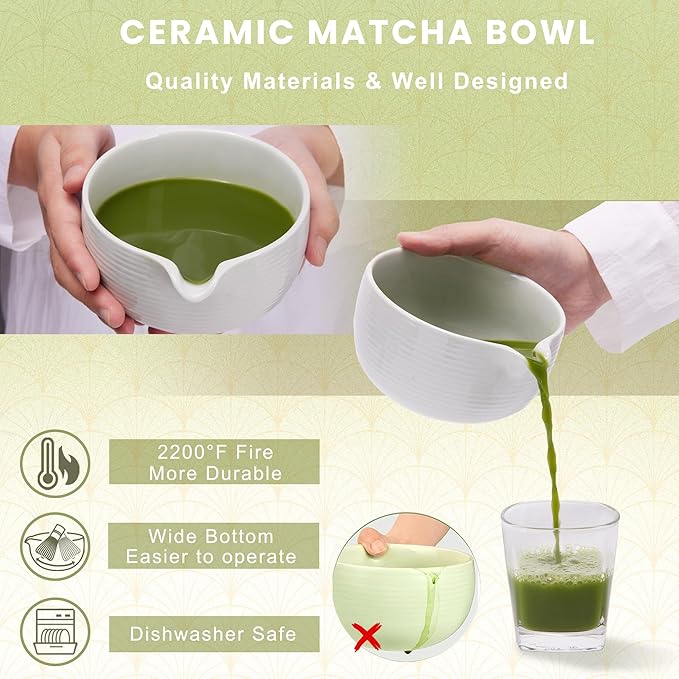 Matcha Whisk Set, Ceramic Matcha Set Includes Matcha Bowl, Matcha Whisk (Chasen) and Holder, Sifter, Bamboo Scoop & Spoon - 6 Pcs Matcha Kit for Matcha Lovers White