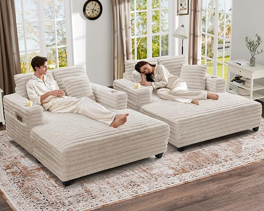 HUSFU Chaise Lounge Chair Indoor, 60'' Oversized Sleeper Sofa, Chaise Lounge Reading Chairs for w/Cup Holder and USB&Type C Port, Fluffy Plush Faux Fur Cloud Sofas Couches for Living Room, Beige, 2PCS
