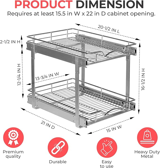 HOLDN’ STORAGE Two Tier Pull Out Cabinet Organizer, Individual Sliding Drawers - Heavy Duty Metal with Lifetime Limited Warranty - Anti Rust Chrome Finish - 15.5" W x 21”D x 16.5" H