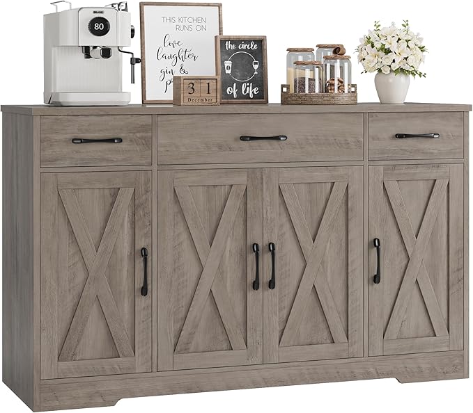 HOSTACK Buffet Sideboard Cabinet with Drawers, 55" Large Buffet Storage Cabinet with Shelves and Doors, Modern Farmhouse Coffee Bar Station for Kitchen, Dining Room, Ash Grey